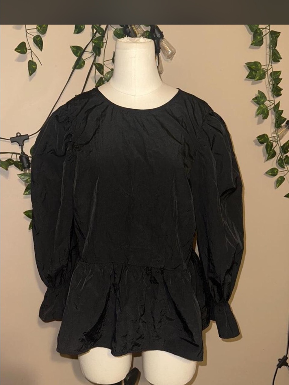 H&M Black Peplum Blouse with Puff Sleeves